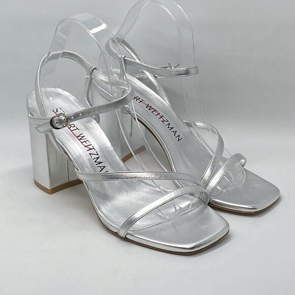 Stuart Weitzman Oasis 85MM Metallic Leather Block-Heel Sandals size 9 - Picture 2 of 11